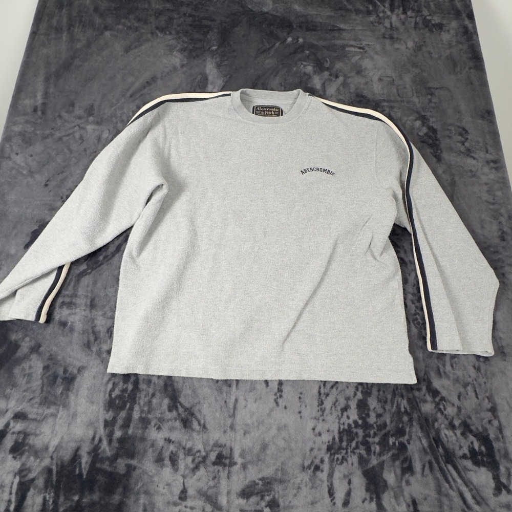 Abercrombie‎ & Fitch Pullover Mens M Grey Striped Sleeve Textured Knit Logo 2846